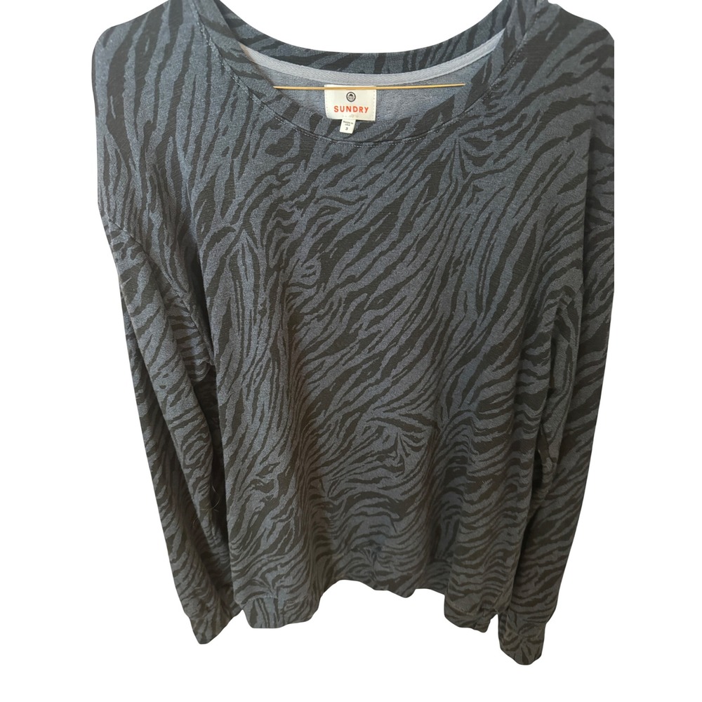 Sundry Zebra Print French Terry Sweatshirt Charcoal Black Made in USA Size 3 L